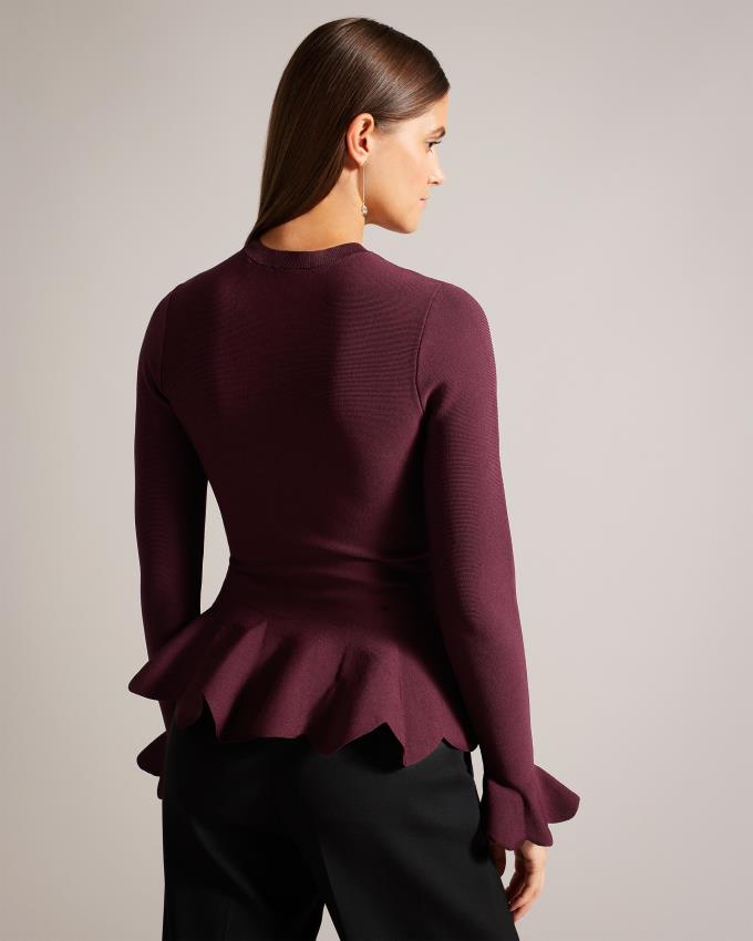 Hauts Ted Baker Long Sleeve Scalloped Peplum Rouge Foncé Femme | PFX-88530317